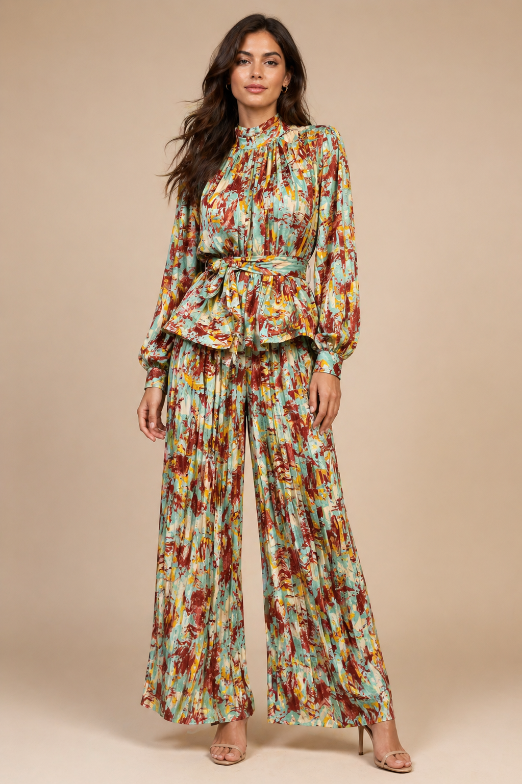 Abstract Multicolor Pleated Blouse & Trouser Set