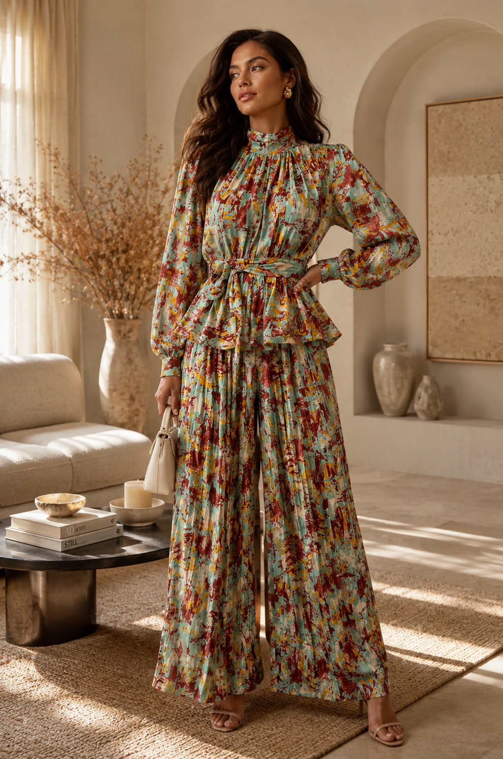 Abstract Multicolor Pleated Blouse & Trouser Set