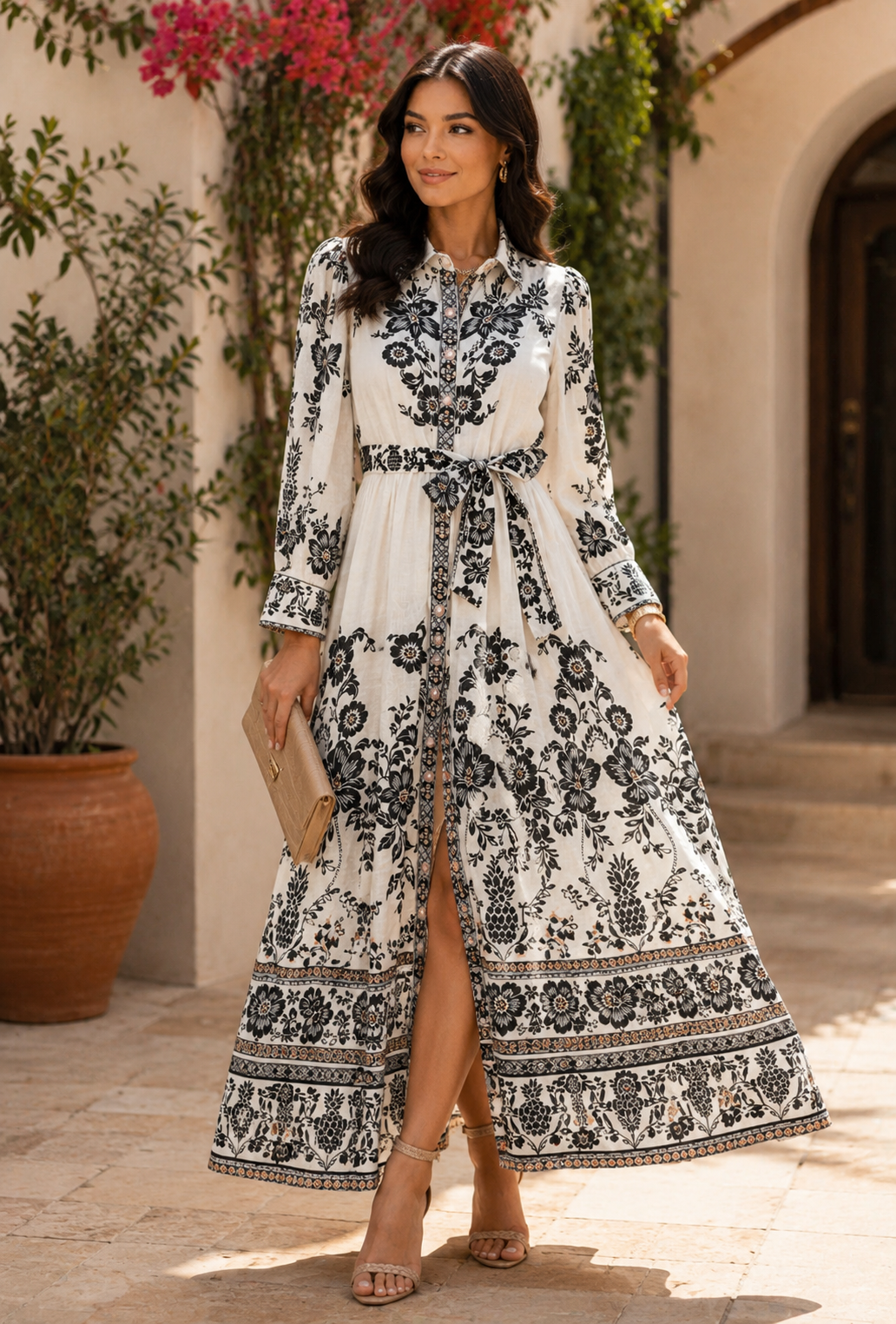 Beige Noir Florale Maxi Dress