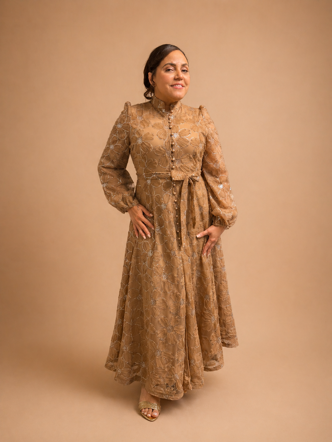 Taupe Fleur Mockneck Maxi Dress