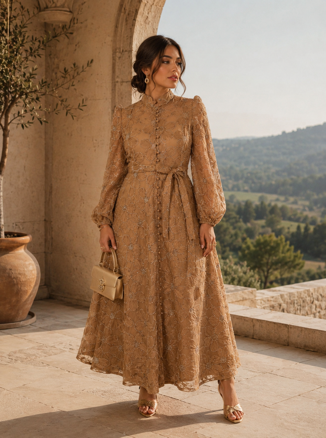 Taupe Fleur Mockneck Maxi Dress