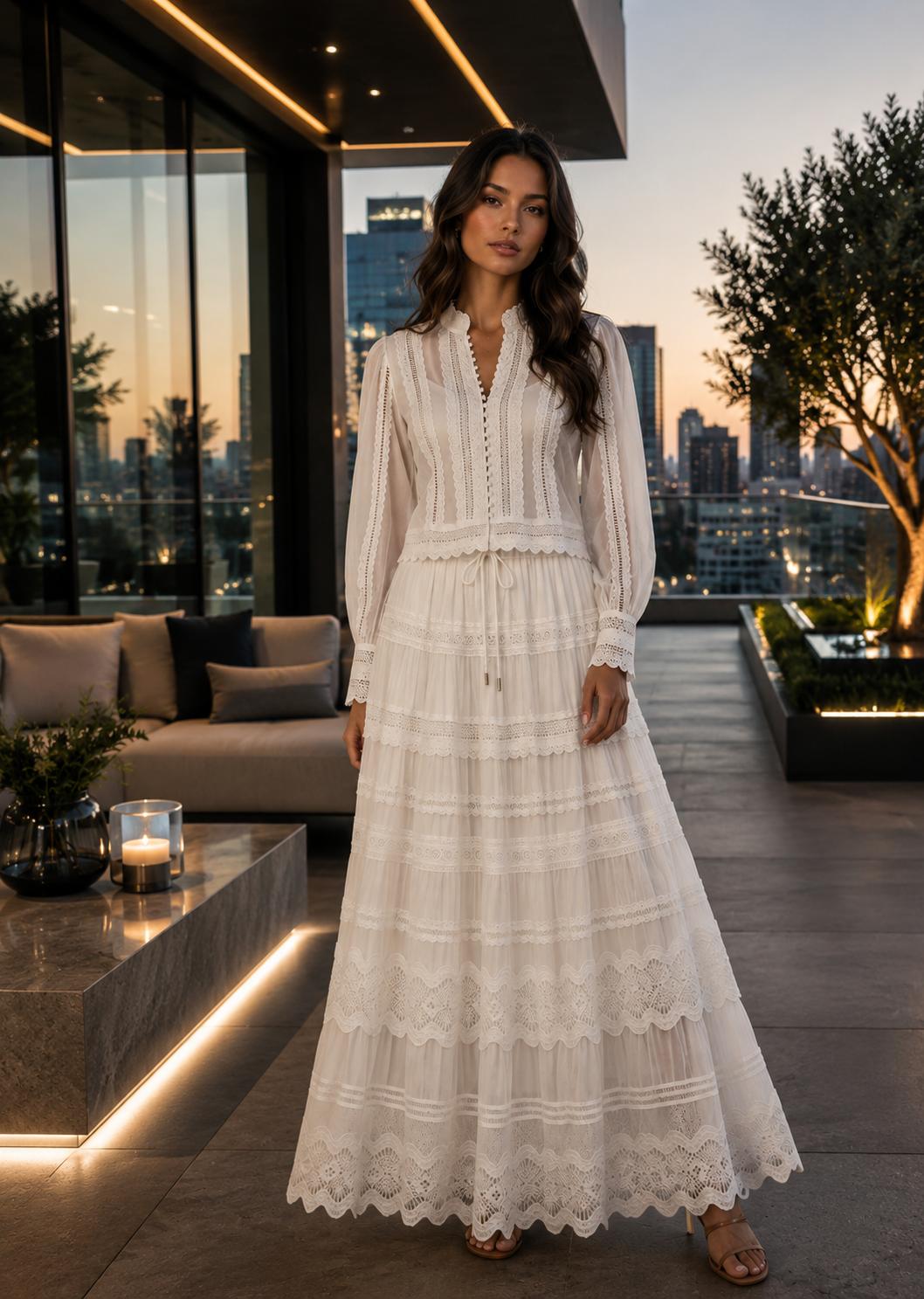 Blanc Lace Blouse & Maxi Skirt Set