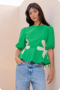 Green Flower Print Blouse