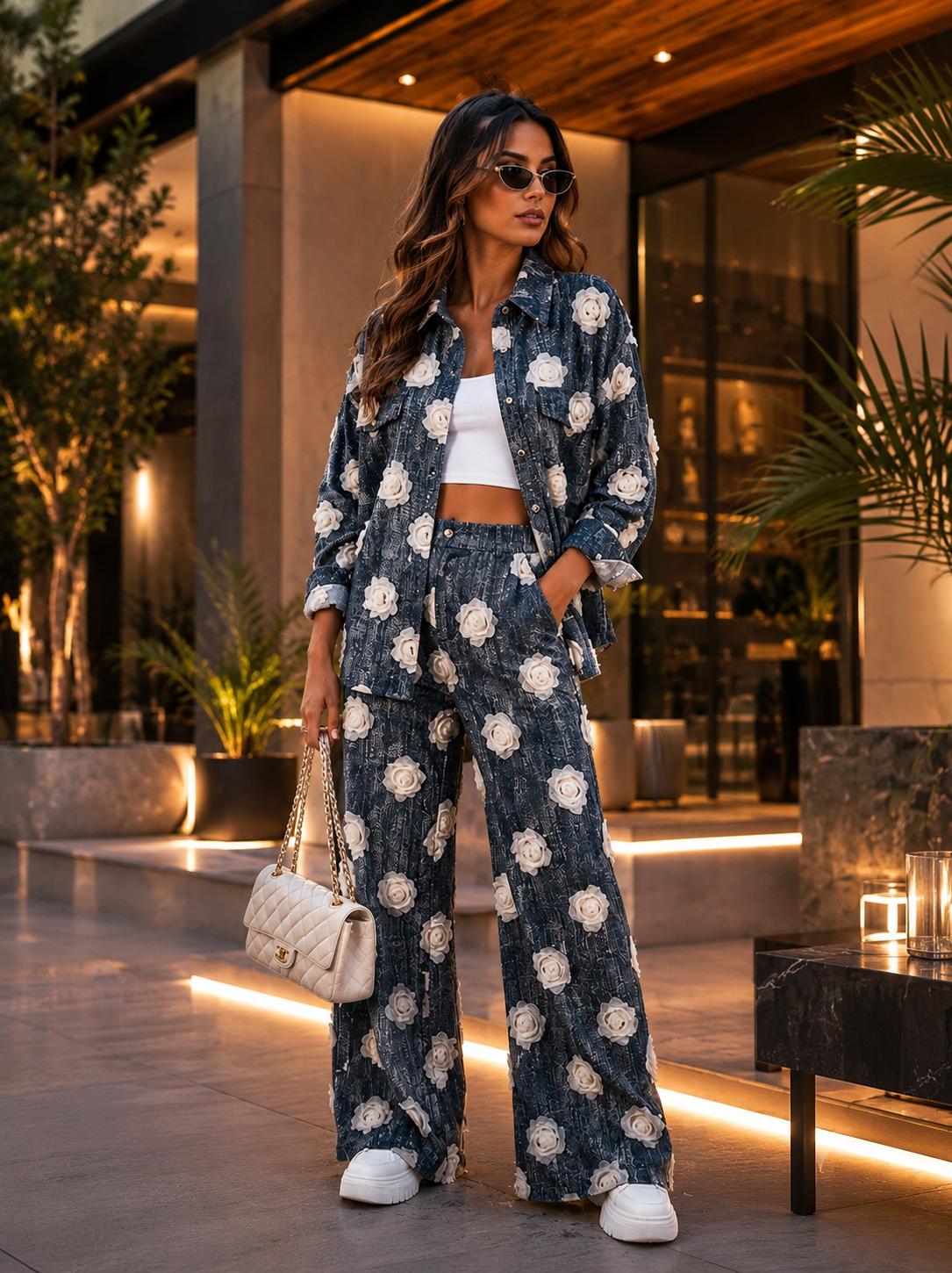 Washed Denim Flowers Jean & Jacket Set