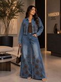 Denim Fleur Jean Jacket & Flared Denim Trousers Set