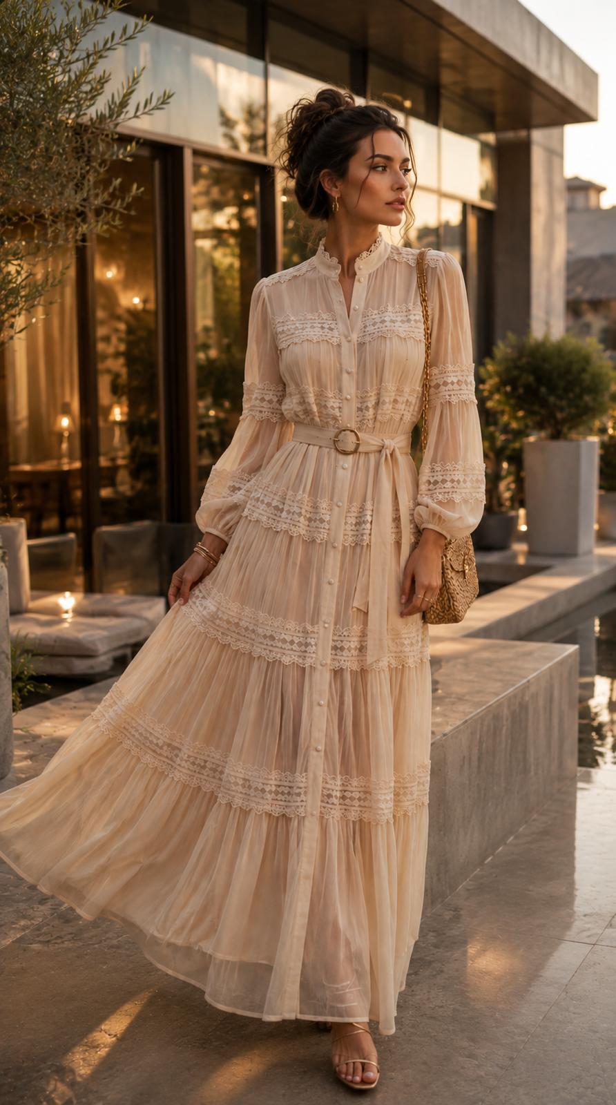 Créme Lace Flare Maxi Dress